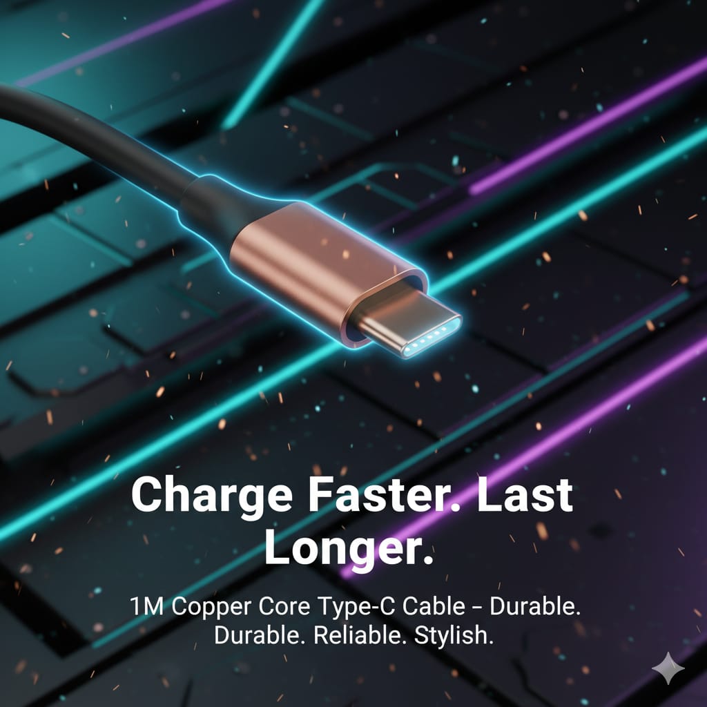 Wali Collection Copper Core Type-C Fast Charging Cable – 1 Meter (Black)